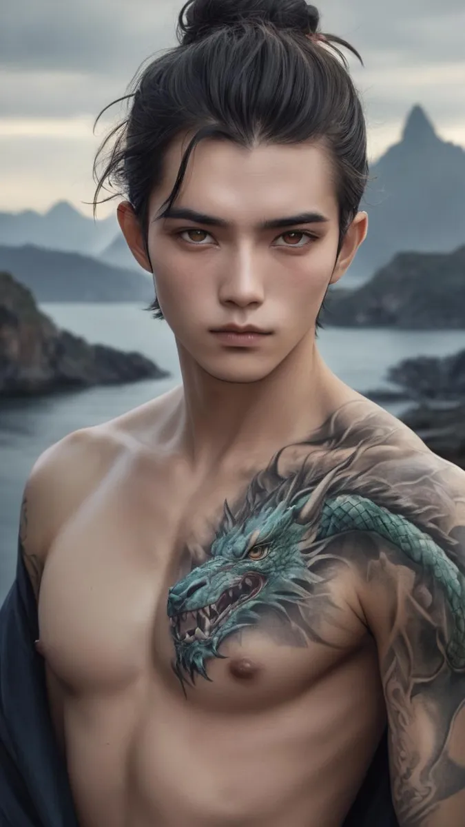 AI generated image using Stable Diffusion of a shirtless man with a detailed green dragon tattoo on his chest and arm, with his hair tied up, standing against a misty, mountainous seascape background.