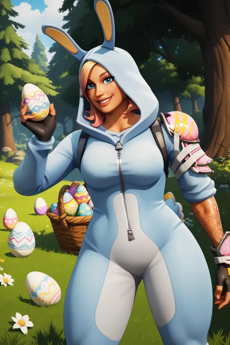 A cheerful woman in a blue bunny costume holding a decorated Easter egg, surrounded by more eggs in a sunny forest, created with Stable Diffusion.