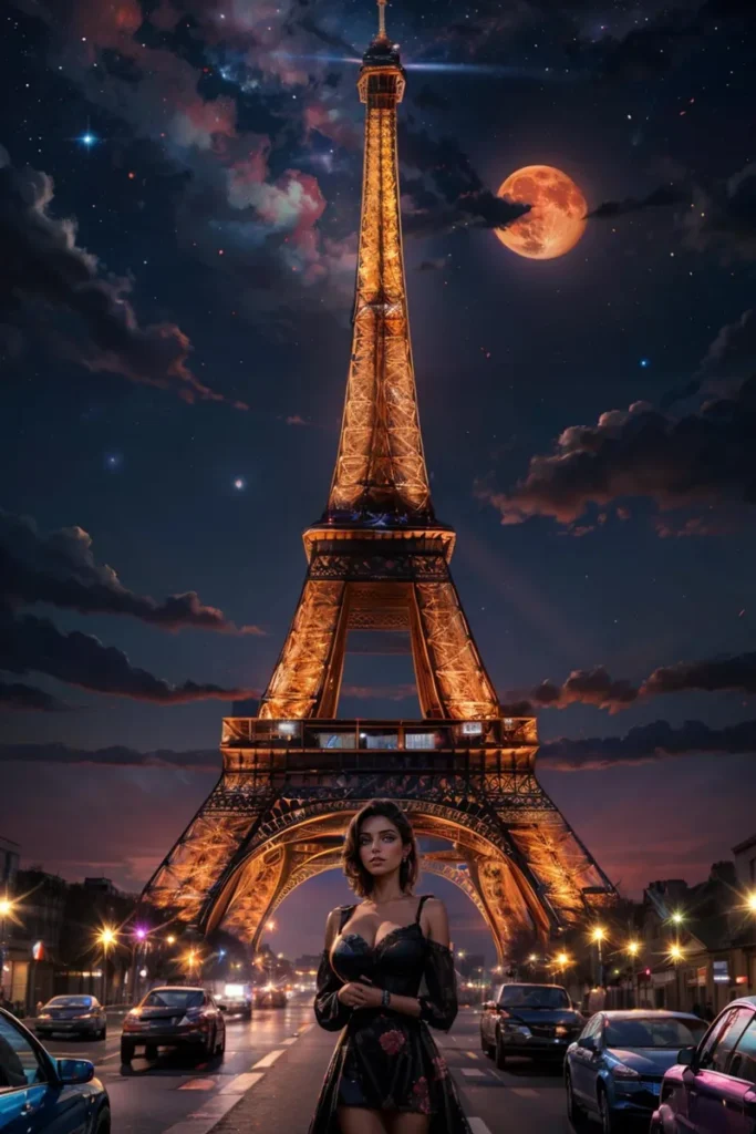 AI generated image of a woman in a black dress standing in front of the illuminated Eiffel Tower at night using Stable Diffusion.