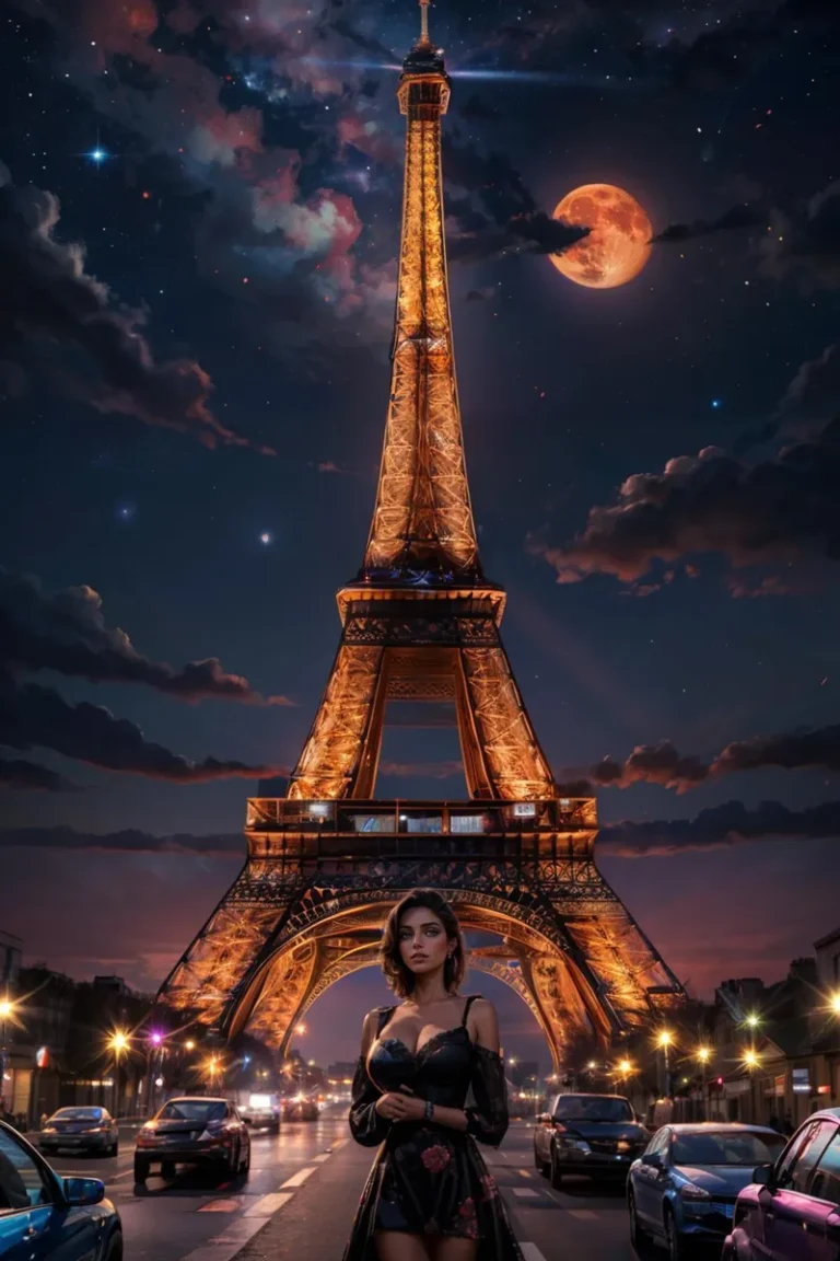 AI generated image of a woman in a black dress standing in front of the illuminated Eiffel Tower at night using Stable Diffusion.