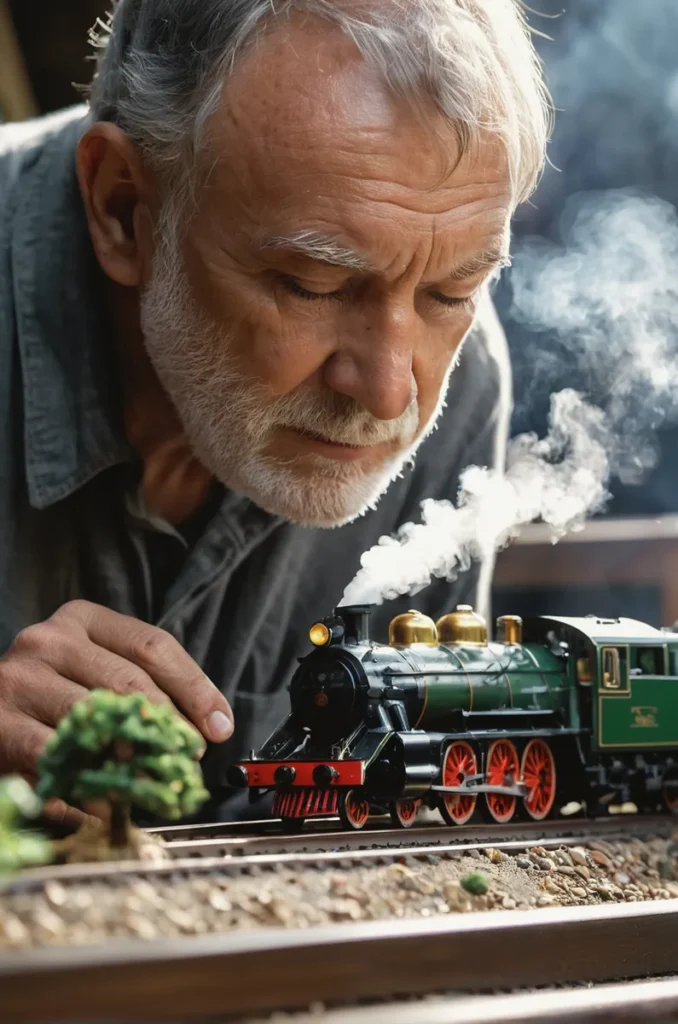 An elderly man closely examining a model steam train with smoke, created using Stable Diffusion.