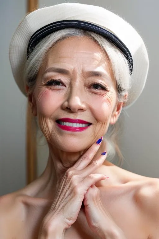 Elderly woman with silver hair wearing a stylish white hat with black trim, smiling and posing gracefully. AI generated image using Stable Diffusion.