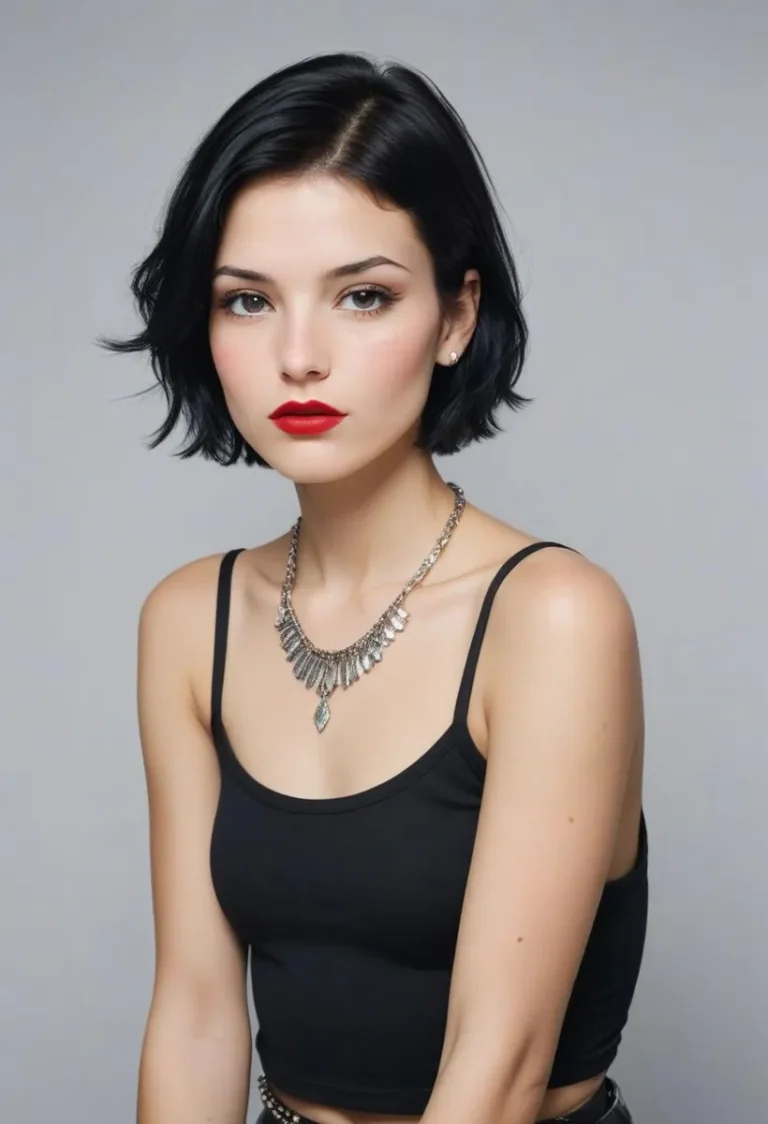 Elegant woman with short dark hair, wearing a black outfit and a statement necklace. AI generated image using Stable Diffusion.