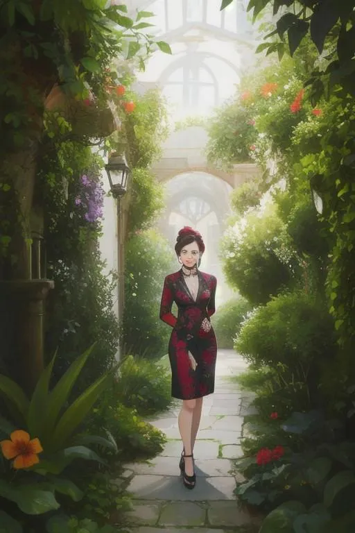 An elegant woman with a red dress walking on a garden path surrounded by lush greenery and flowers. AI generated image using Stable Diffusion.