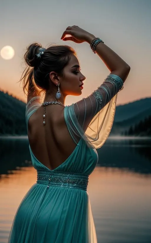 Elegant woman in a light blue evening gown, standing by a lake at sunset. Her back is adorned with pearls, her arms raised gracefully. AI generated image using stable diffusion.