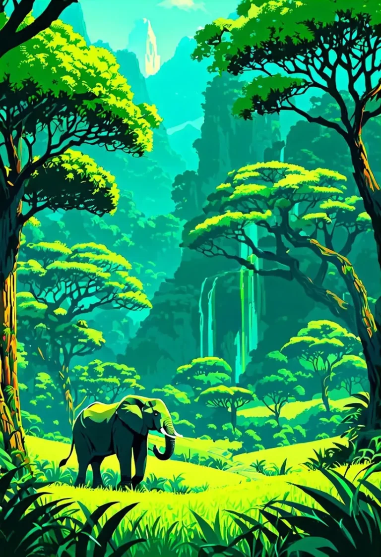 A digitally rendered image of an elephant standing in a vibrant jungle landscape, full of lush green trees and waterfalls, created using stable diffusion.