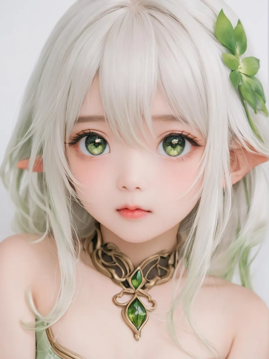 Elf girl with green eyes and light blonde hair, AI generated image using Stable Diffusion