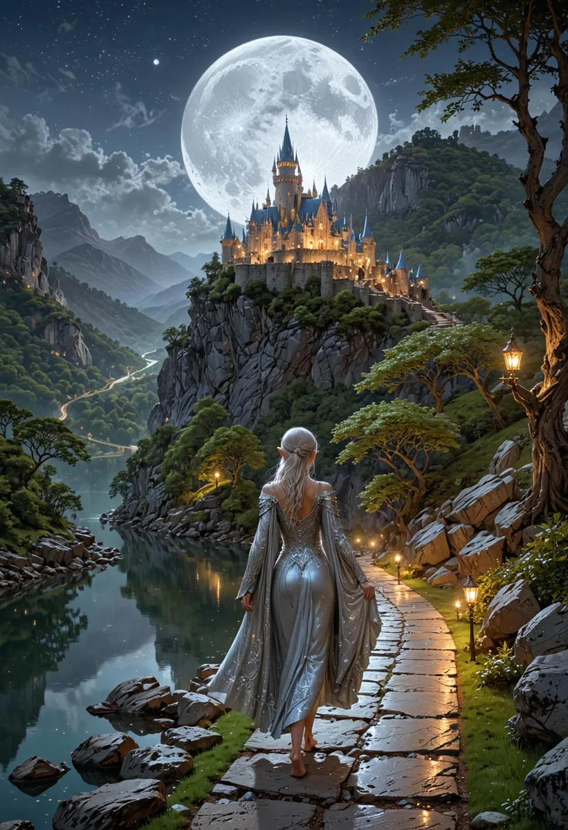 AI generated image of an elven princess walking on a moonlit path approaching a fantasy castle atop a cliff using Stable Diffusion.
