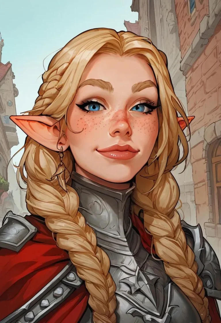 AI generated image of an elven warrior with blonde braided hair and blue eyes, wearing medieval armor.