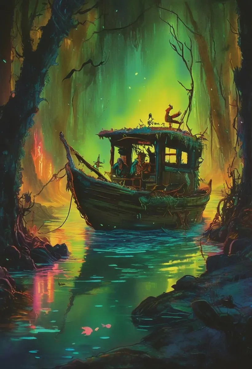 Enchanted boat in a vibrant, fantastical swamp with glowing colors and mysterious atmosphere created using stable diffusion.