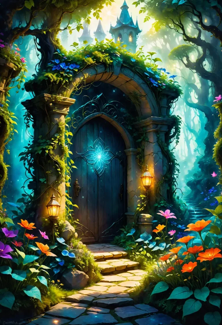 An AI generated image using stable diffusion depicting an enchanted door surrounded by a mystical garden with vibrant flowers and ivy-covered stone arch.