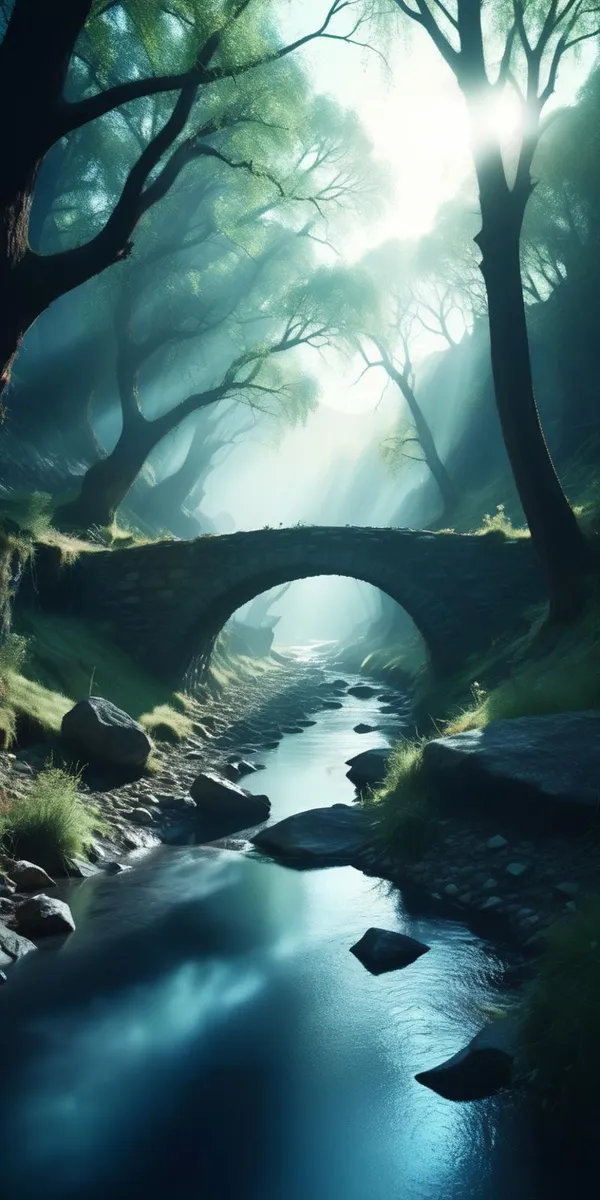 A serene AI generated image using stable diffusion depicting an enchanted forest with a stone bridge crossing a reflective stream, bathed in dappled sunlight filtering through the lush green trees.