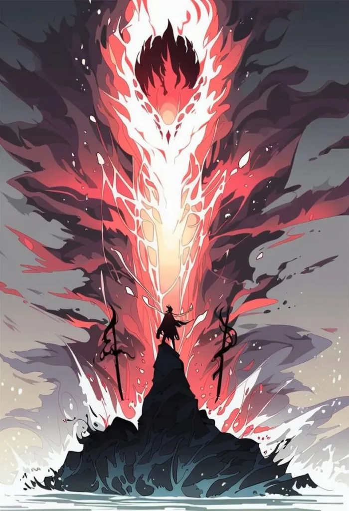 Anime-style image of a lone figure standing on a rocky cliff with a massive fiery explosion in the background, created using stable diffusion.