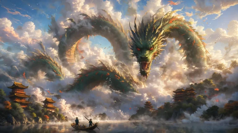 Epic Chinese dragon winding through a misty, mountainous landscape with traditional Chinese temples, generated using Stable Diffusion.