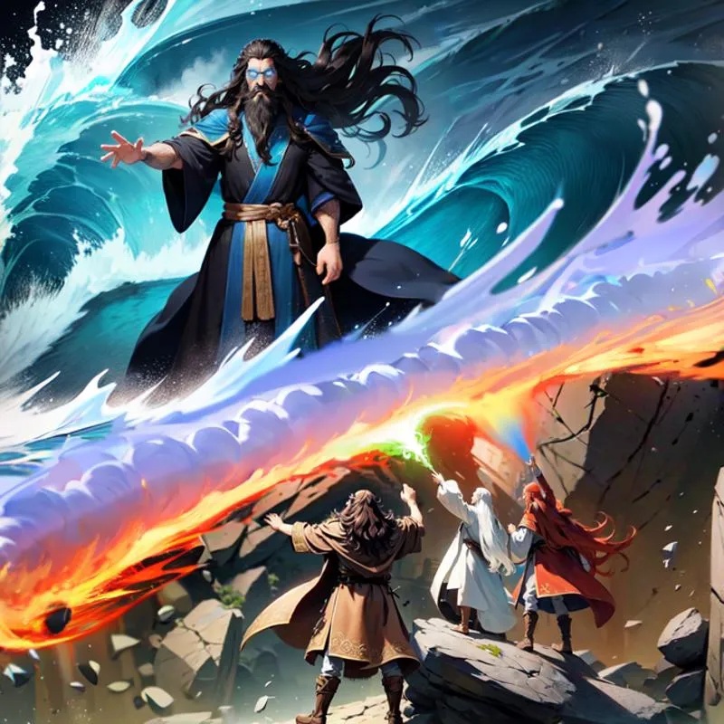 Epic wizard battle with elemental powers, featuring a powerful sorcerer controlling waves and a trio of wizards countering with fire and magic, AI generated using Stable Diffusion.