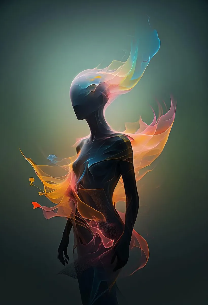 A stunning AI generated image using Stable Diffusion depicting an ethereal silhouette surrounded by vibrant, flowing colors.