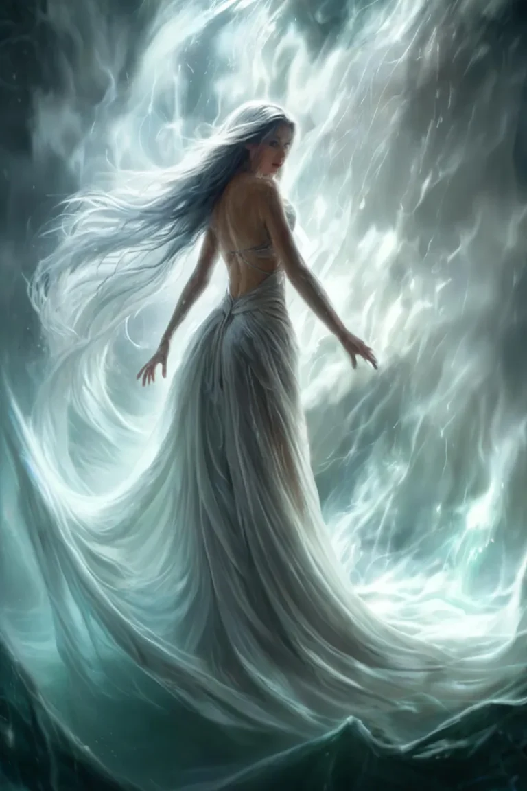Ethereal woman with long white flowing hair and dress depicted in fantasy art created using stable diffusion