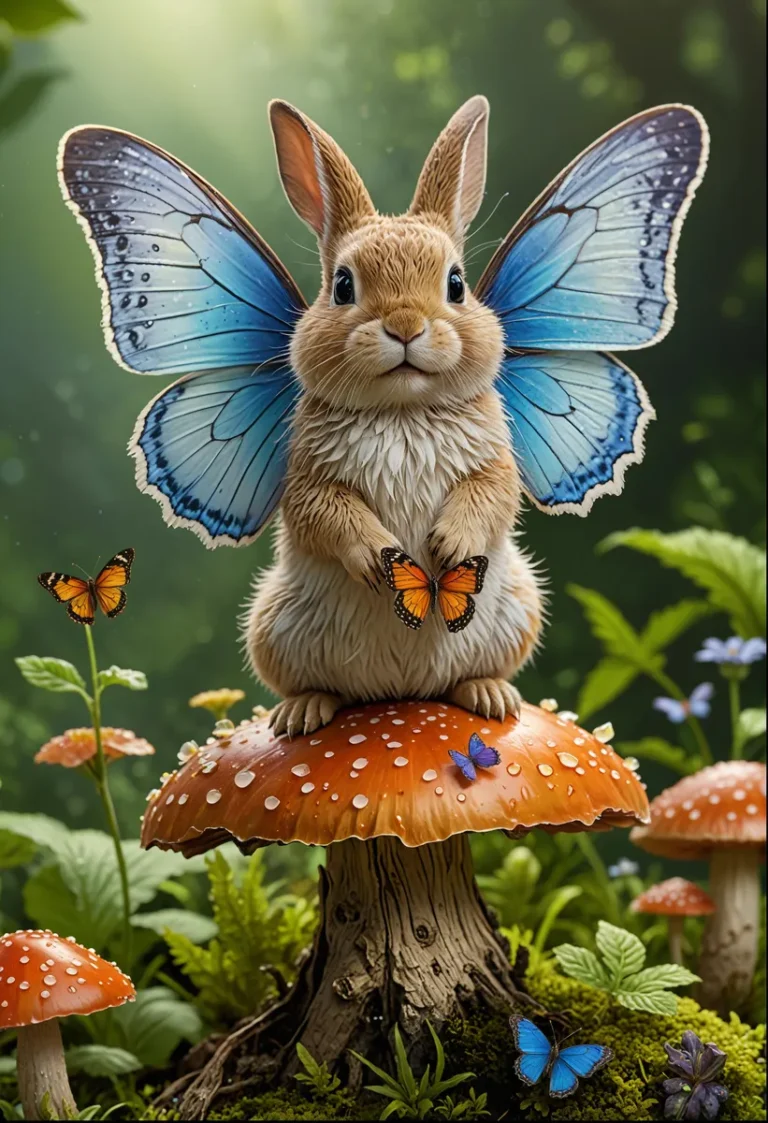 A fairy rabbit with blue butterfly wings sitting on a red mushroom with white spots in a whimsical forest scene, created using AI and Stable Diffusion.