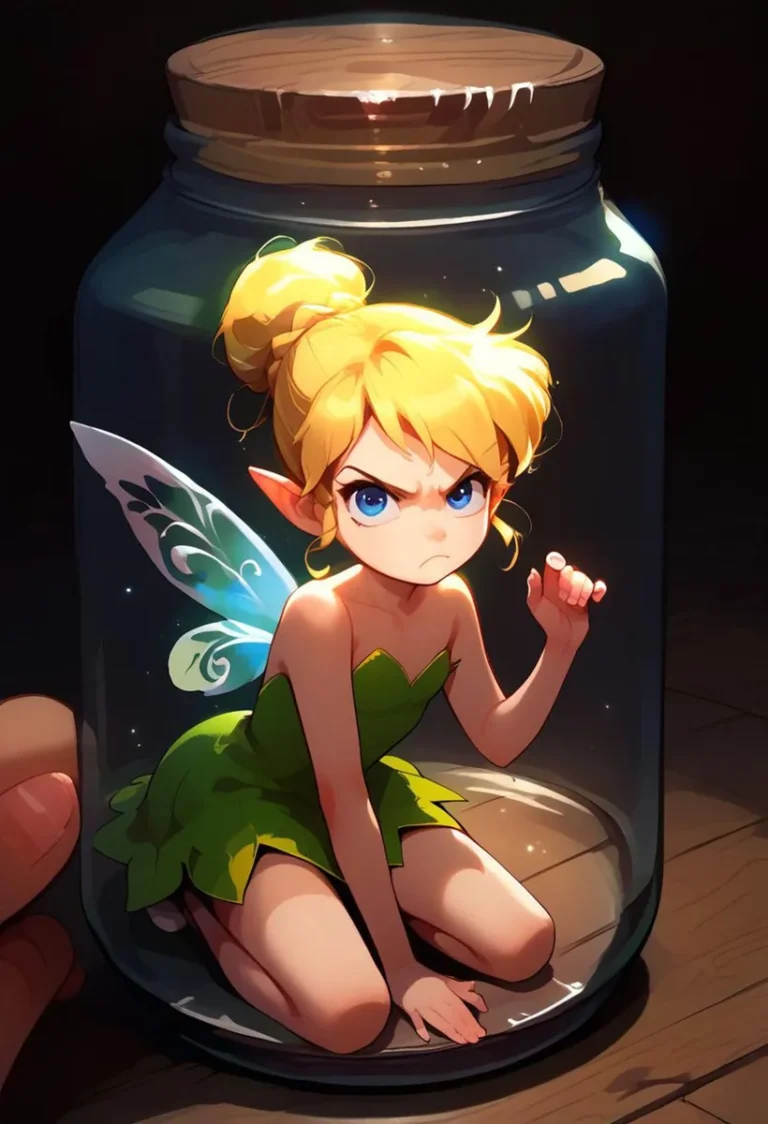 An AI generated image using stable diffusion depicting an angry fairy with blonde hair, green dress, and delicate wings, trapped inside a glass jar.