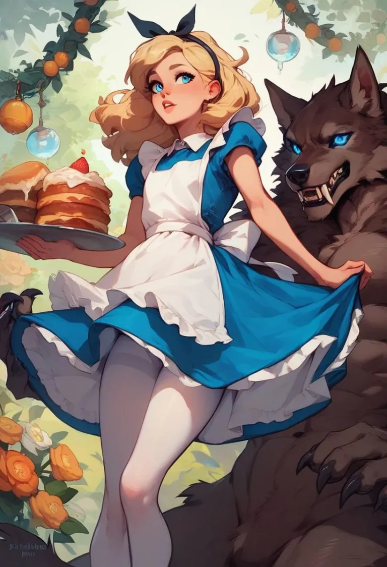 AI generated image using stable diffusion depicts a girl in a blue and white dress holding a plate of cakes with a wolf by her side, set in a fairytale-like environment with hanging oranges and roses.
