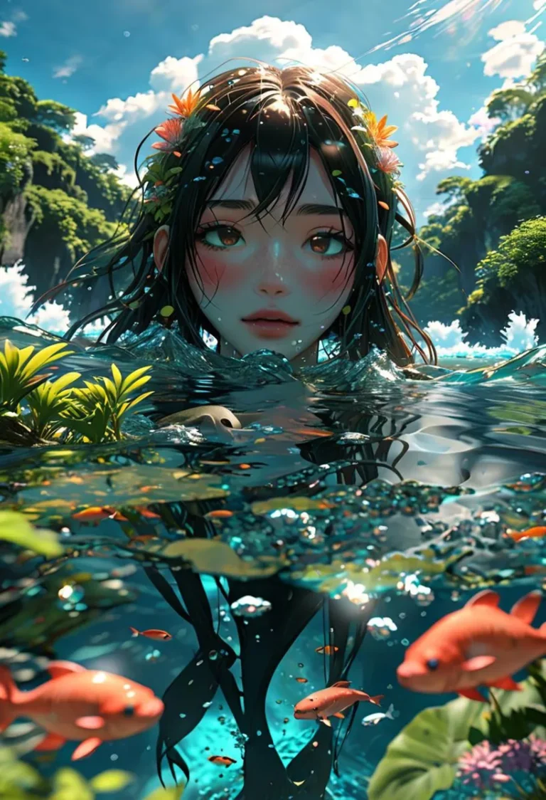 A fantasy anime girl with flowers in her hair, half-submerged in water with fish swimming around, created using AI and Stable Diffusion.
