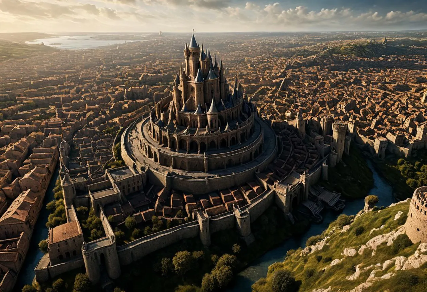 A grand fantasy castle at the center of a sprawling medieval city, AI generated using stable diffusion.