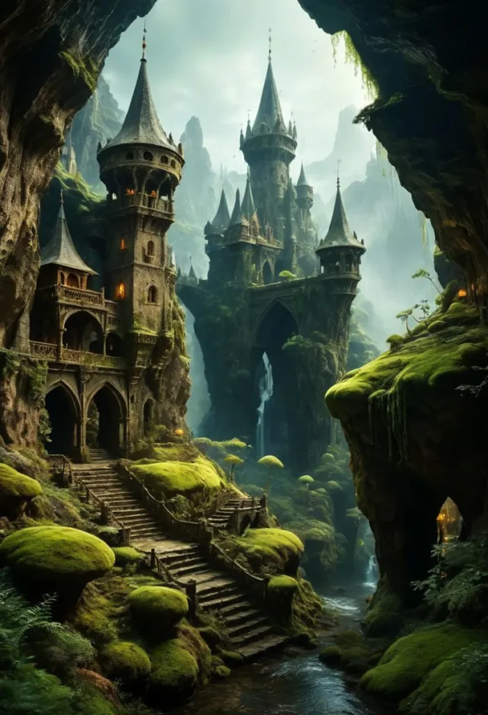 A fantasy castle with tall spires and intricate architecture nestled within an enchanted forest, generated using Stable Diffusion AI.
