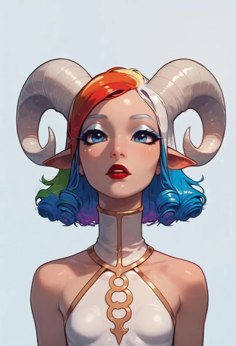 Fantasy elf woman with vibrant rainbow hair and impressive curved horns, created using stable diffusion AI.