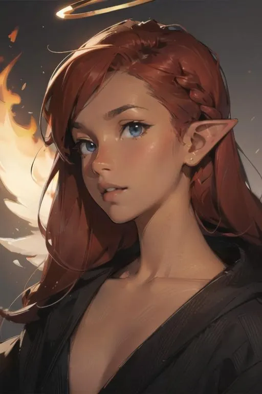 AI generated image of a young fantasy elf with red hair, blue eyes, pointed ears, and a fire halo created using stable diffusion.