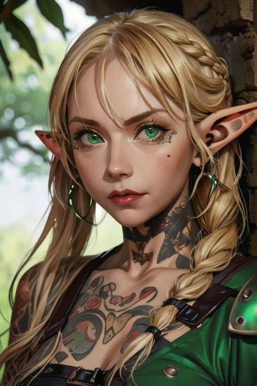 A fantasy elf with blonde hair, green eyes, and intricate tattoos, generated using Stable Diffusion AI.
