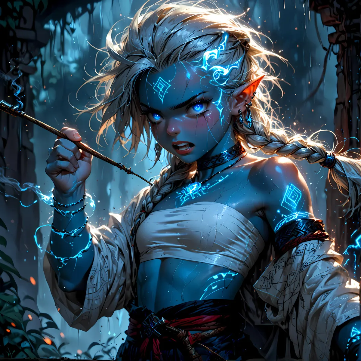 AI-generated image of a blue-skinned elf with glowing tattoos, wielding a staff, created using Stable Diffusion.
