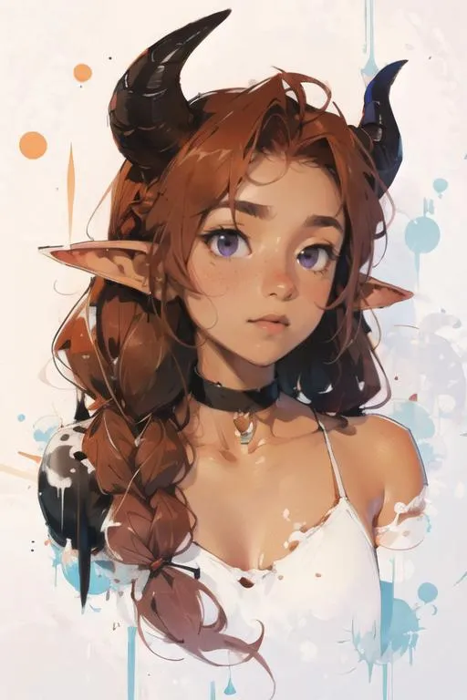 A fantasy-themed anime-style girl with horns and elf ears in a detailed digital illustration, created using stable diffusion.