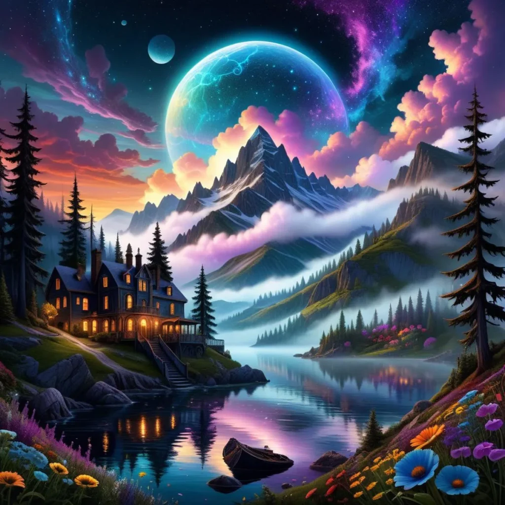 Fantasy landscape with a serene mountain lake, colorful sky, and a house, AI generated image using stable diffusion.