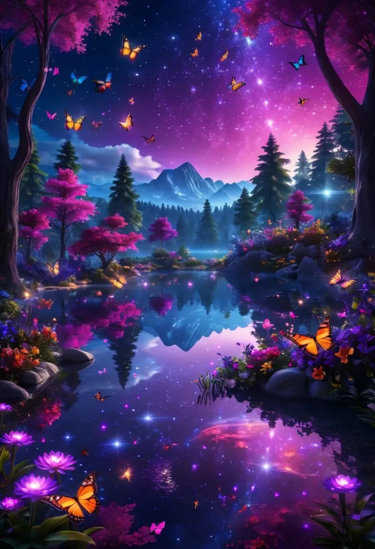 A magical and colorful fantasy landscape with a serene lake, vibrant flowers, and fluttering butterflies under a starlit sky, created using AI and stable diffusion.