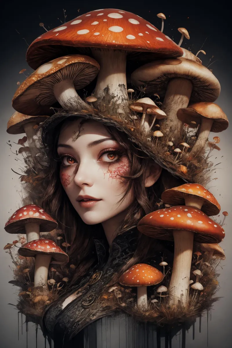 A fantasy-style portrait of a woman adorned with a hat made of various mushrooms, created using Stable Diffusion AI.