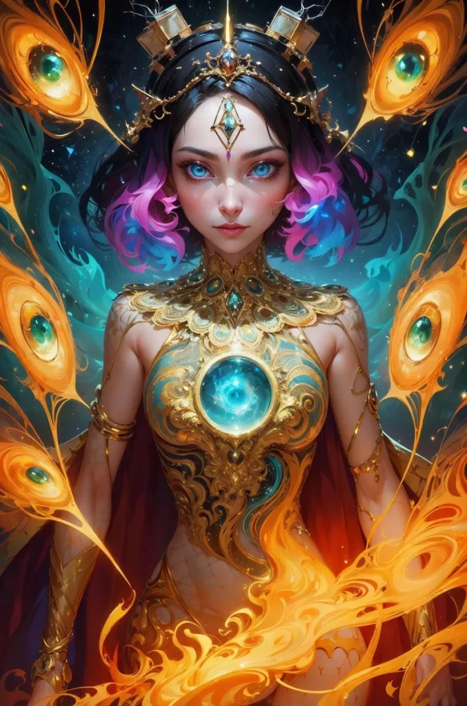 A fantasy princess with bright blue eyes and colorful hair, adorned with intricate gold jewelry and surrounded by a mystical aura. This is an AI generated image using Stable Diffusion.