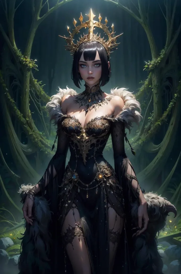 Fantasy queen with ornate crown in an enchanting forest, AI generated image using Stable Diffusion.