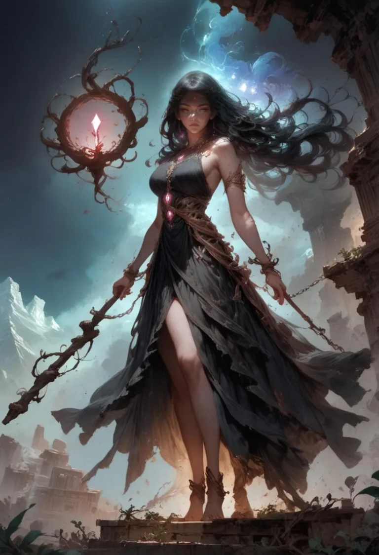 A fantasy sorceress in a black dress with magical artifacts, generated using Stable Diffusion.