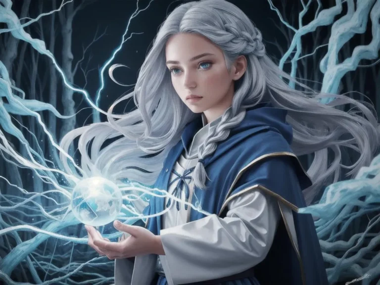 An ethereal sorceress with long silver hair and blue eyes, wearing a robe, holds a glowing magic orb. Fantasy concept generated by AI using Stable Diffusion.