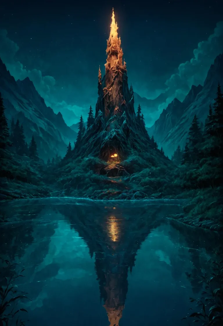 A fantasy landscape featuring a towering tree with a glowing top and a small cabin-like opening at its base, situated in a serene mountainous terrain and reflecting in a still lake. This AI generated image created using Stable Diffusion.
