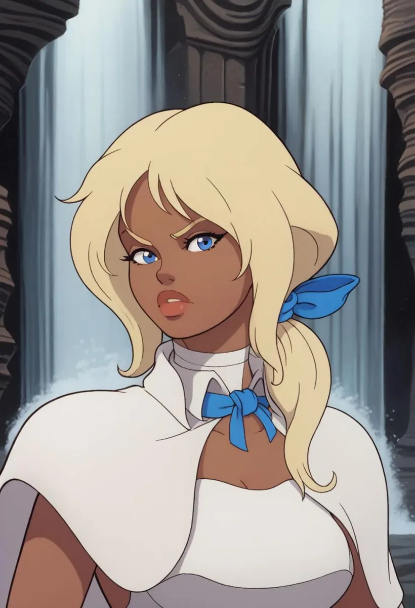 Fantasy anime warrior woman with blonde hair and blue eyes, wearing a white outfit with a blue ribbon, set against a mystical waterfall backdrop. AI-generated using Stable Diffusion.