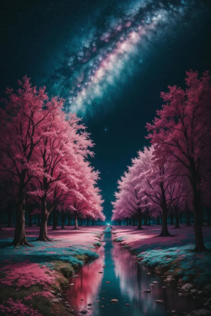 A fantasy landscape with pink trees and the Milky Way galaxy in the sky. AI generated image using Stable Diffusion.