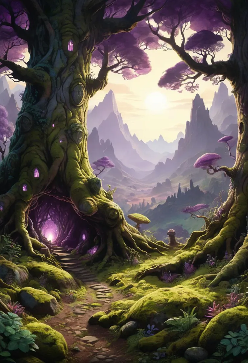 A fantasy landscape image featuring a magical forest with tall, moss-covered trees, glowing purple crystals, and distant mountains. AI generated using Stable Diffusion.