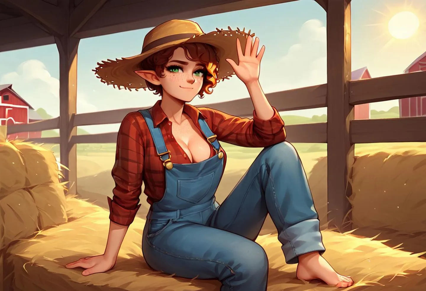 Anime-style farm girl wearing a straw hat and overalls, sitting on hay and waving. AI-generated image using Stable Diffusion.