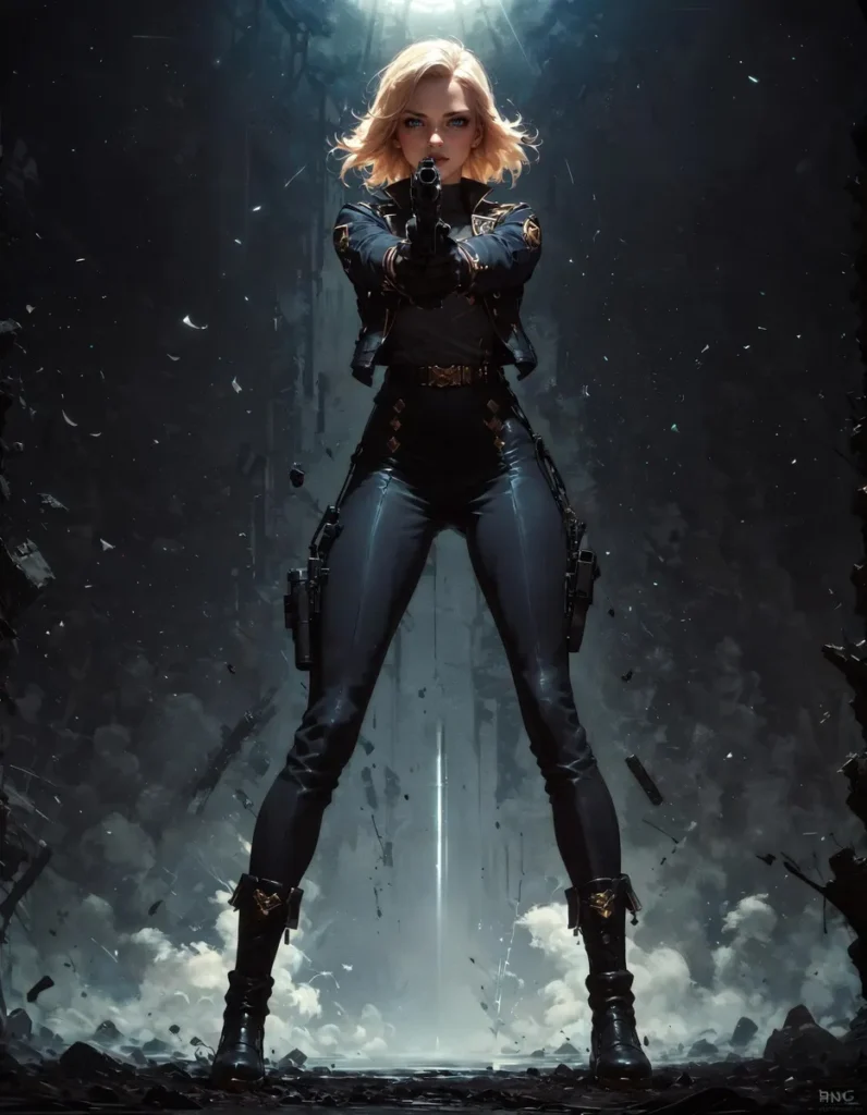 AI generated image using Stable Diffusion of a blonde woman in tight black attire, pointing guns directly at the viewer in a dark, futuristic setting.