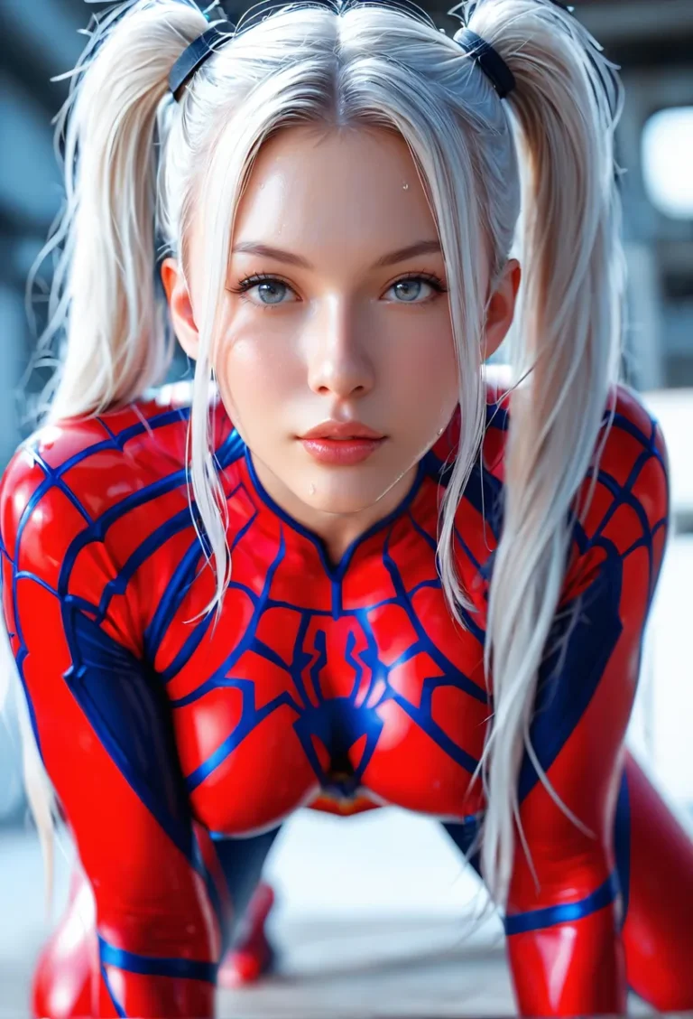 Blonde woman in a spider-themed superhero costume, with pigtails and intense gaze, generated by AI using Stable Diffusion.