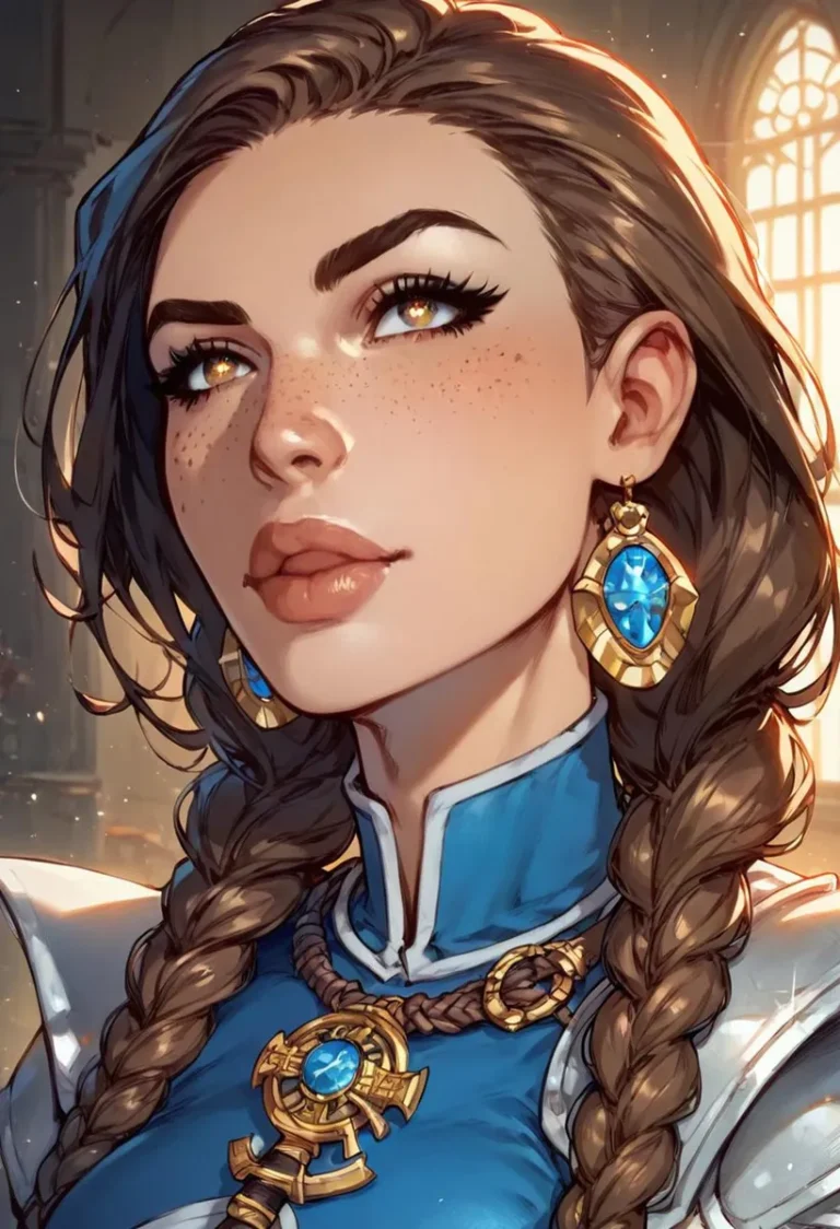 Fantasy female warrior with braided hair, wearing intricate blue and gold armor with matching jewelry. This is an AI generated image using stable diffusion.