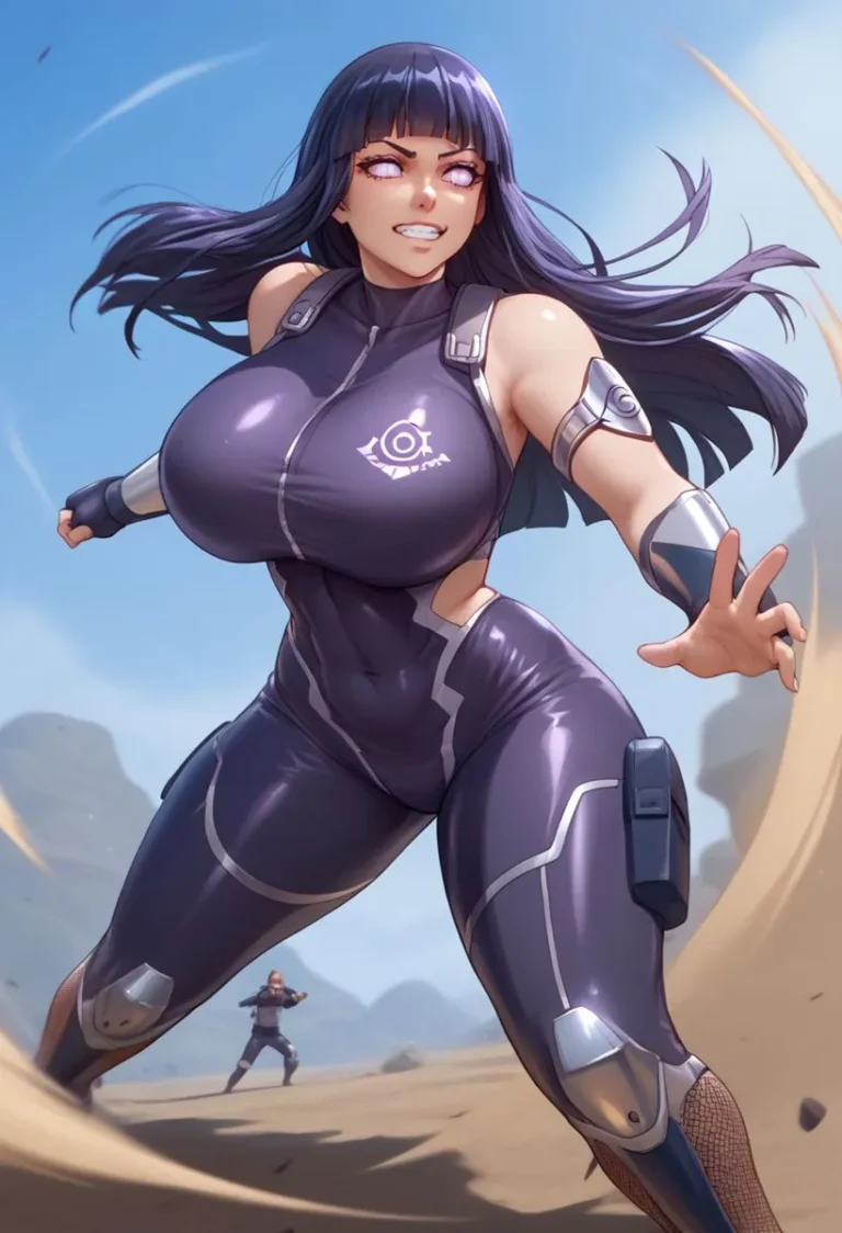 AI generated image of a female warrior with futuristic armor, using stable diffusion. The character has long black hair, glowing eyes, and is striking a combat pose in a desert environment.