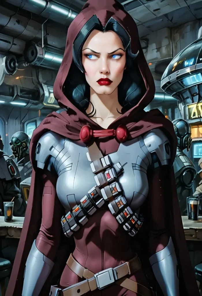 A female warrior with striking blue eyes and dark hair, clad in futuristic armor and a maroon cape, stands in a sci-fi space environment. This is an AI generated image using Stable Diffusion.