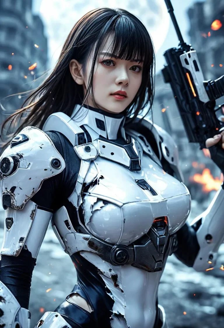 AI generated image of a female cyborg with futuristic white and black armor holding a rifle, created using Stable Diffusion.